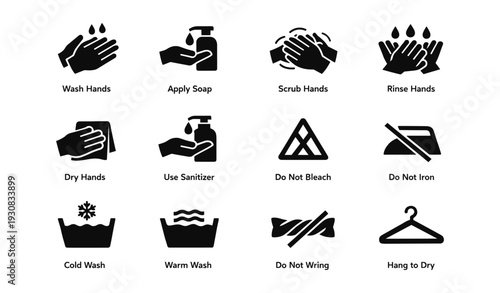 Hand hygiene and laundry care symbols: instructions for proper sanitation and garment maintenance