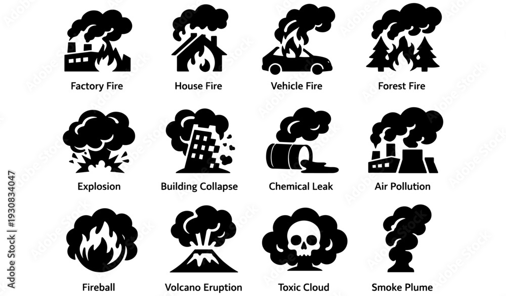Obraz premium Disaster icons: factory house car forest fire explosion building collapse
