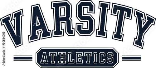 Varsity athletics text logo displays worn college lettering for sports teams.