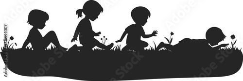 Silhouette of four diverse children playing and exploring in a grassy field with small flowers and plants