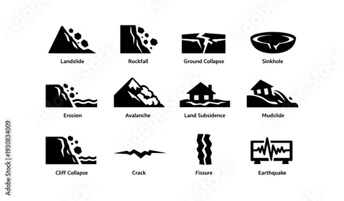 Natural disaster icons: landslide, rockfall, earthquake, sinkhole, avalanche