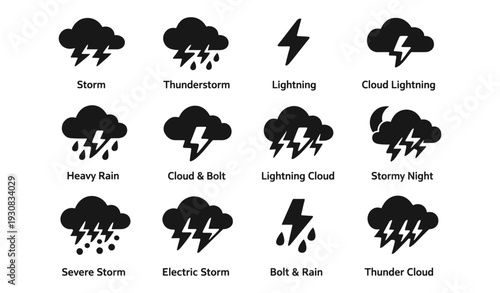 Weather icons: storm, thunder, lightning, and rain symbols