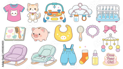 Cute baby stickers collection with toys clothes and accessories for nursery decoration featuring adorable animals and baby essentials