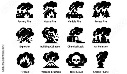 Disaster icons: factory house car forest fire explosion building collapse