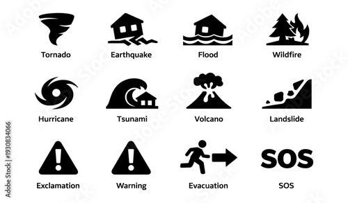 Tornado, earthquake, flood, wildfire, hurricane, tsunami, volcano, landslide icons