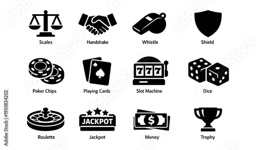 Gambling icons: scales, handshake, whistle, shield, and casino games