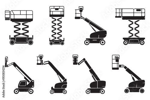 Aerial Work Platform and Scissor Lift Silhouette Icons Set