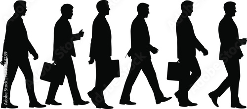 Silhouettes of businessmen in suits walking in a line with briefcases on a white background representing progress and corporate movement