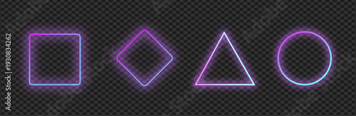 Neon frames with glow effect. Futuristic UI design shapes set. Colorful geometric elements for vector illustration projects. Transparent background