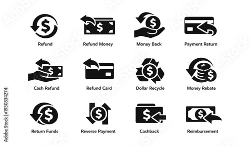 Financial refund and payment reversal icons set with dollar symbols and arrows