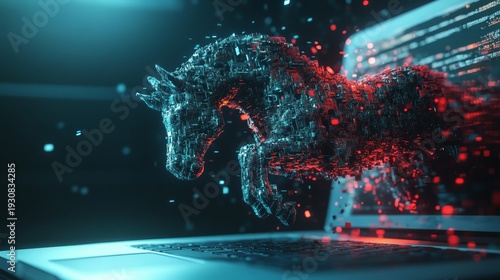A striking visual depicting a horse composed of digital elements leaping from a laptop, symbolizing the intersection of technology and creativity.