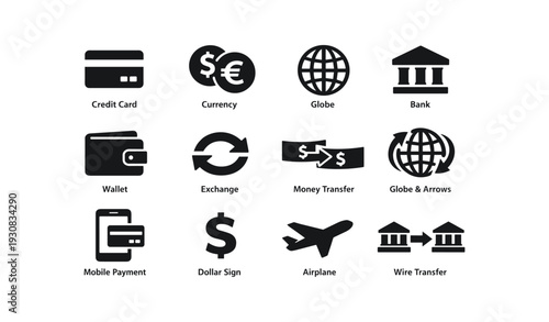 Financial icons set: money, globe, currency, bank, payment methods