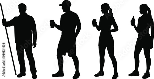 Silhouettes of four diverse individuals standing with drinks and a walking stick against a white background representing outdoor activities and casual moments