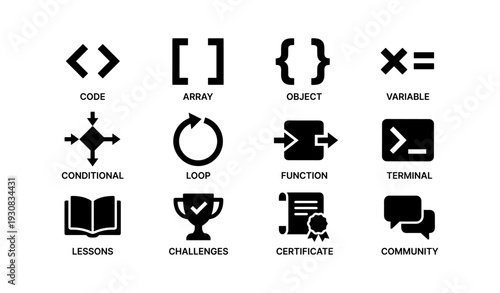 Programming icons: code, array, object, variable, conditional, loop, function, terminal