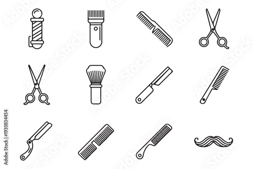 Barber Shop Line Art Icon Set - Vintage Grooming Tools Vector