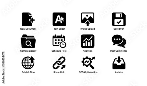 Content management icons: document, editor, upload, save, library, schedule, analytics, comments, publish, share, seo, archive