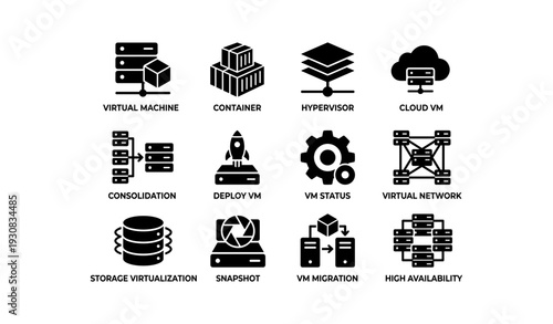 Icons representing virtual machines, containers, and cloud technology concepts