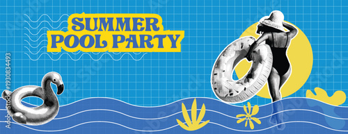 Retro vintage pop art comic style halftone collage summer holiday vacation banner Summer pool party banner with woman with inflatable ring and flamingo float