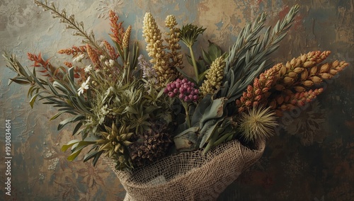 Bright Flowers Arranged in a Bundle on a Textured Background at a Local Market