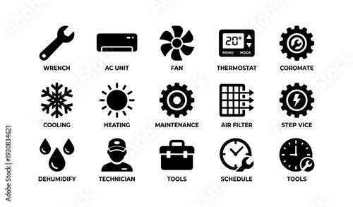 Industrial icons: wrench, ac unit, fan, thermostat, coromate, cooling, heating, maintenance, air filter, step vice, dehumidify, technician, tools, schedule, clock