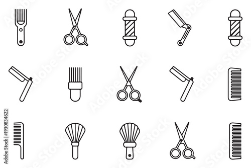 Hair Salon and Barber Shop Equipment Line Icons Set
