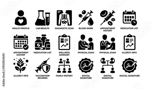 Healthcare icons: medical profiles, diagnostics, and appointments