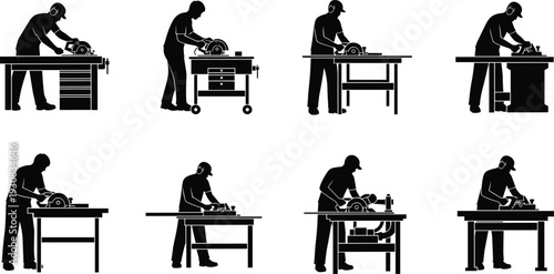 Black and white silhouette collection of professional carpenters and woodworkers using circular saws and power tools at industrial workbenches isolated.