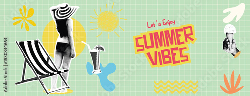 Retro vintage pop art comic style halftone collage summer holiday vacation banner Summer vibes banner with woman in striped hat and beach chair on grid background