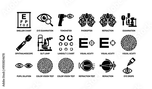 Ophthalmology equipment icons: snellen chart, phoropter, slit lamp, visual acuity tests