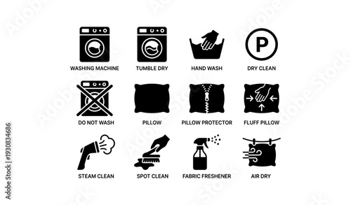 Laundry care icons: washing machine, tumble dry, hand wash, dry clean, and more symbols