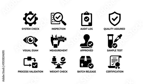 Quality control icons: system check, inspection, audit, approval, and certification symbols