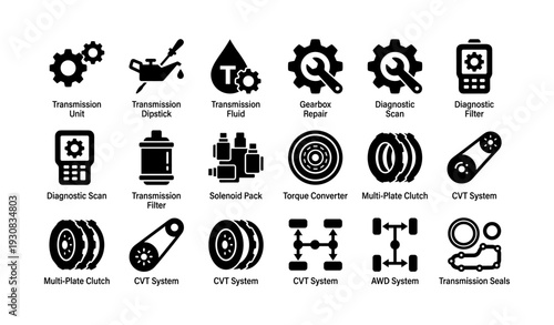 Transmission and diagnostic icons: gearbox, fluid, cvt systems, and repair tools