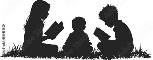 Three diverse children silhouettes engrossed in reading books while sitting on grass with blades of grass visible below