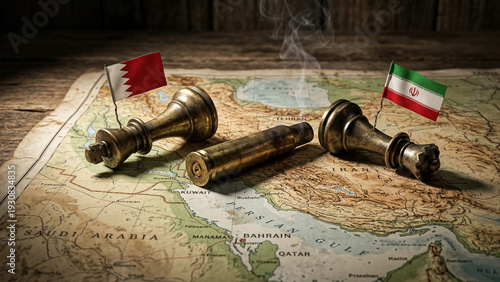 chess pieces and a spent bullet casing lie on an old geographical map of the persian gulf with the national flags of countries installed on them