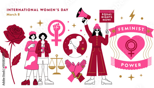 International Women’s Day Flat Vector Illustration Set with German European Cultural Elements