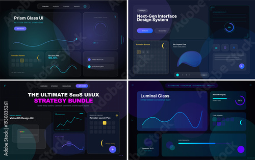 "An immersive and high-tech visual mood that defines the 'new dark age' of interface design. Utilizing deep charcoal and midnight blue backgrounds, the collection features translucent glass morphism 