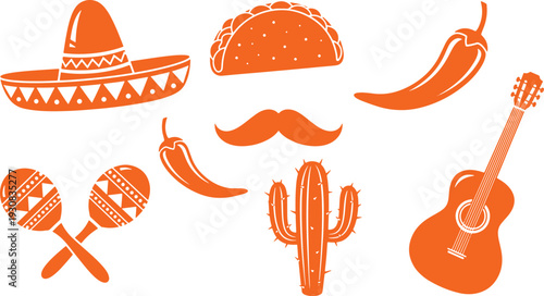 Mexican Fiesta Vector Icon Set with Sombrero, Taco, Maracas, Cactus, Guitar and Chili Pepper – Cinco de Mayo Flat Illustration Collection