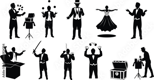 Black and white silhouette collection of magicians and illusionists performing card tricks, juggling, levitation, sword swallowing, and magic stage performances.