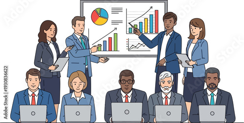 Business leaders present growth metrics to diverse team during a corporate.