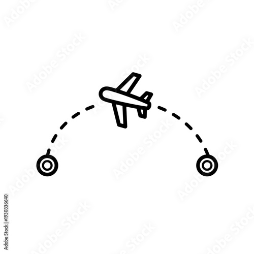 Airplane flying between two points, travel and flight vector icon