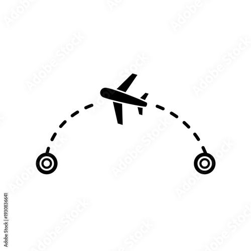 Airplane flying between two points, travel and flight vector icon