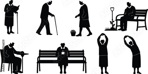 Elderly people daily activities silhouette set including walking gardening sitting reading and exercise senior lifestyle illustration isolated background