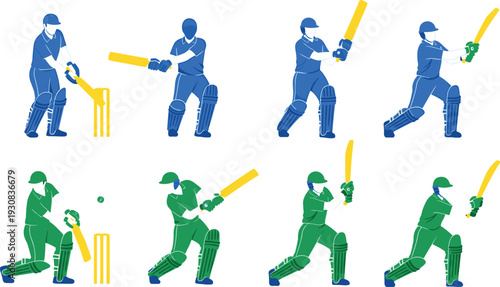 Set of cricket player silhouettes in different batting poses and action shots
