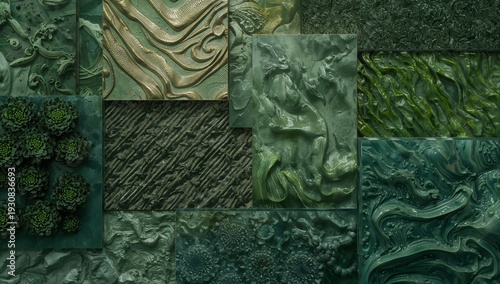 Different Textures and Patterns of Green Materials Displayed on a Surface for...