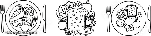 Black and white outline vector illustration of healthy balanced diet food plates featuring fresh vegetables fruits fish meat and bread.