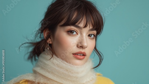 Young Woman Poses Against a Blue Background Wearing a Scarf, Showcasing a Sof...
