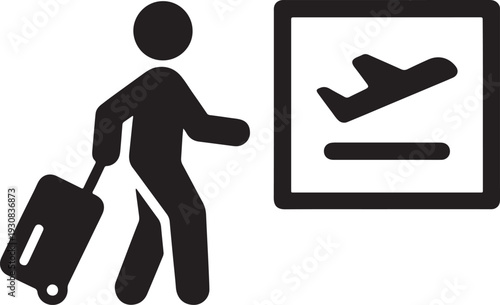 Airport departure and arrival sign with traveler pulling suitcase icon vector