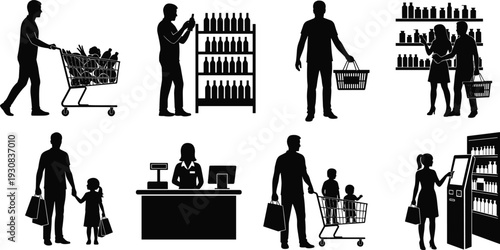 Black and white silhouette collection of people shopping in a supermarket featuring customers with carts, baskets, and self service checkout.