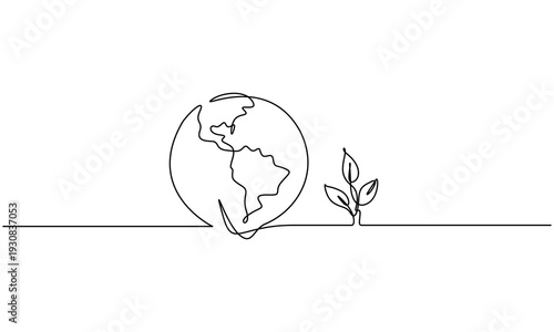 World environment earth globe with leaves continuous line drawn. 