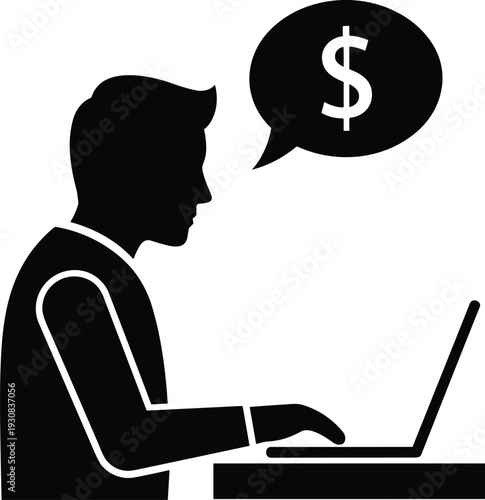 Online earning concept with businessman working on laptop and dollar symbol representing digital income freelance business finance silhouette illustration